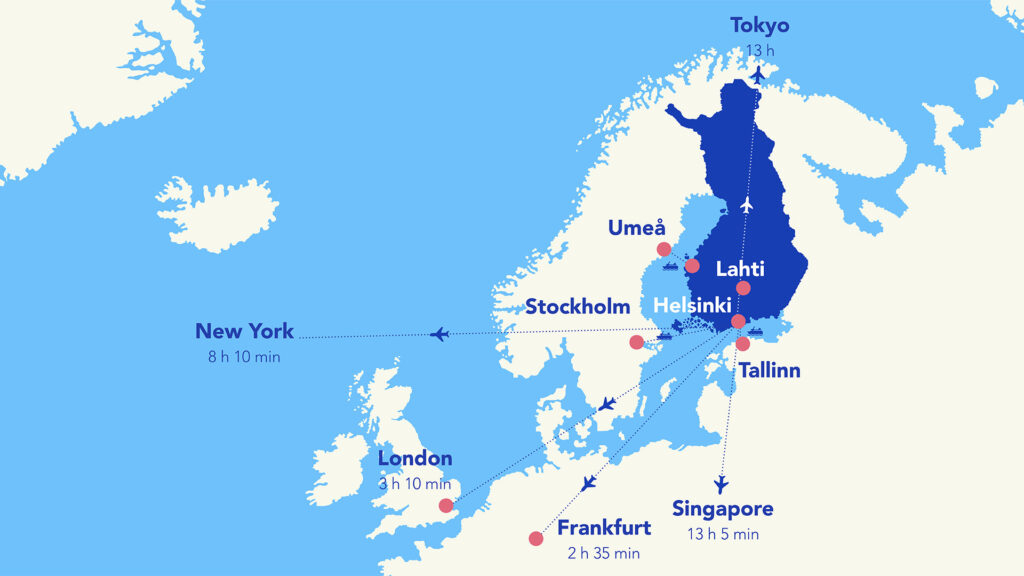 Suomen ja Euroopan kartta, jossa Lahti ja Helsinki sekä lentoajat Helsinki-Vantaalta maailman kaupunkeihin
