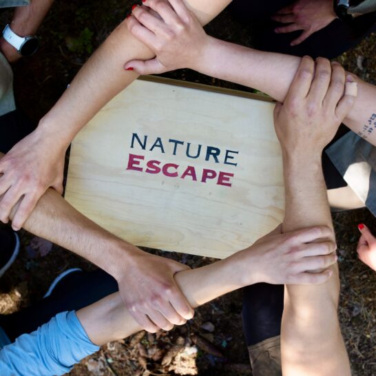 Nature Escape luontopakopelin pelaajien kädet ristissä peliarkun päällä
