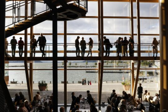 Ihmiset Sibeliustalon Metsähallissa. Taustalla Vesijärvi